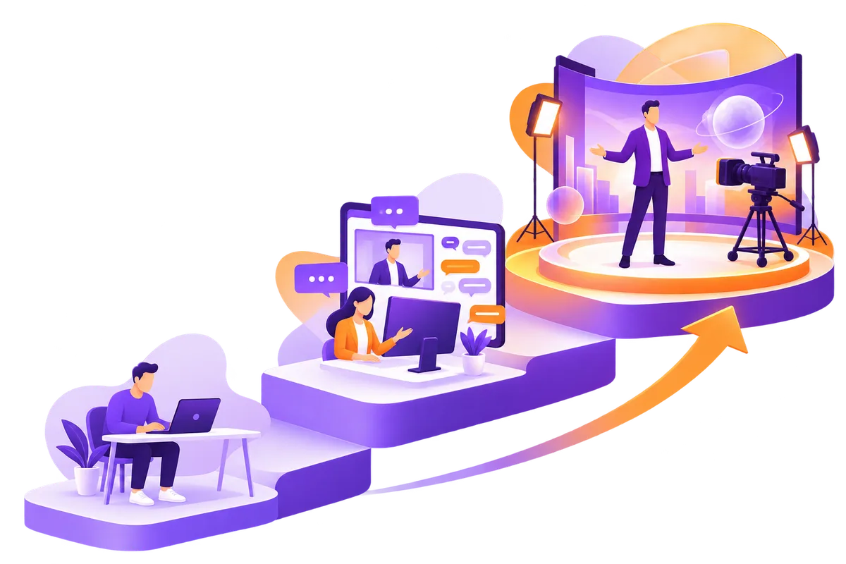 Trois marches illustrant la montée en gamme du webinaire, du portable au plateau