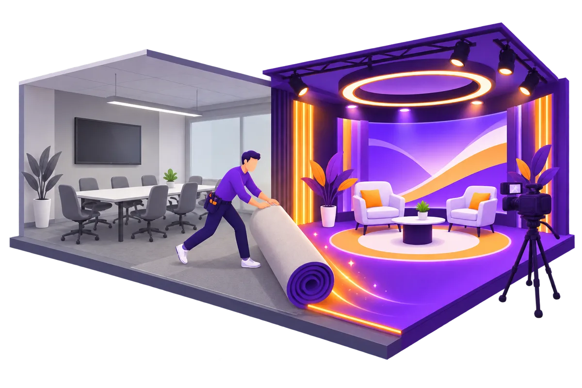 Une salle de réunion ordinaire transformée en plateau de télévision chaleureux