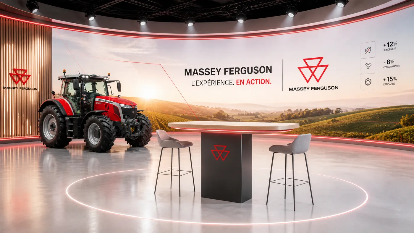 Simulation d'orientation de plateau virtuel pour un constructeur de machines agricoles, tracteur exposé devant un panorama de campagne