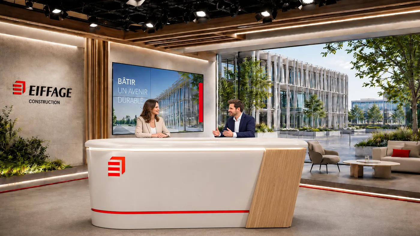 Simulation d'orientation de plateau virtuel pour un groupe de construction, desk d'émission et campus arboré en toile de fond